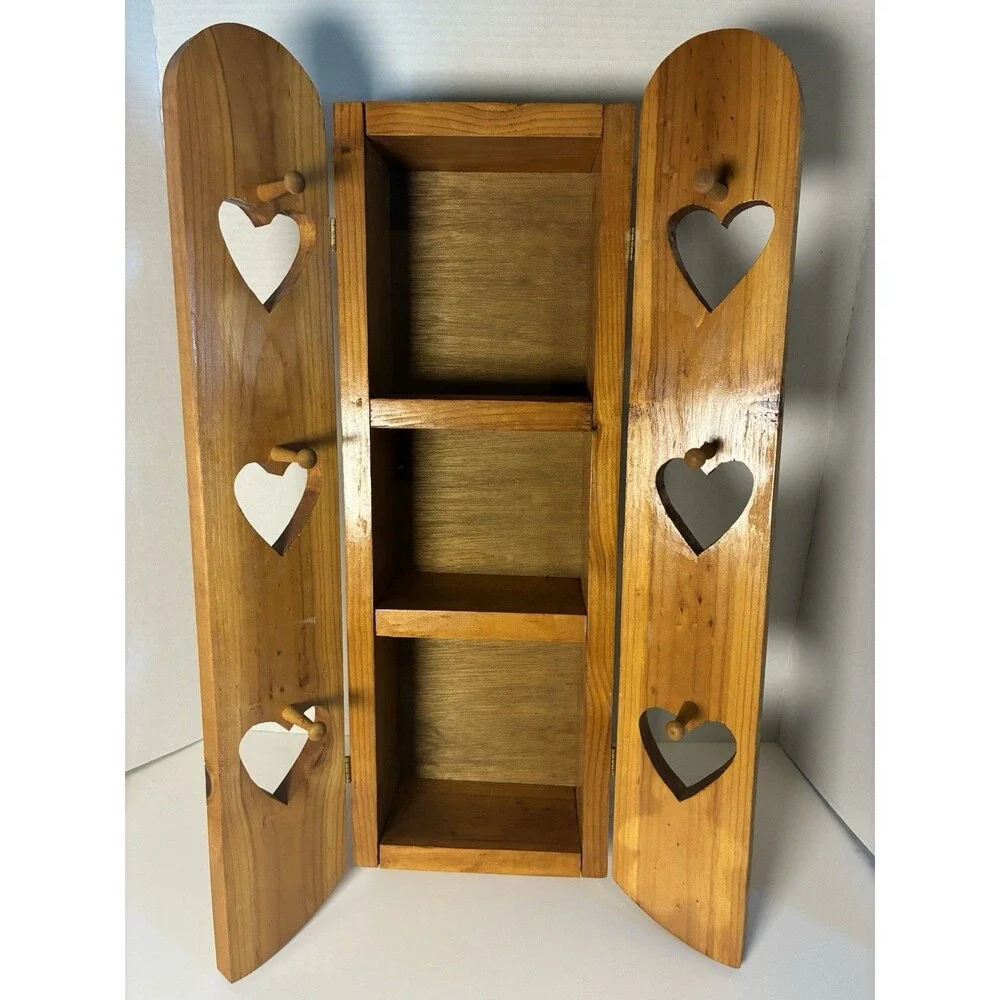 VTG 3 Tier Wall Shelf Cabinet Solid Wood Heart Cut-Out w/ Doors Pegs Farmhouse